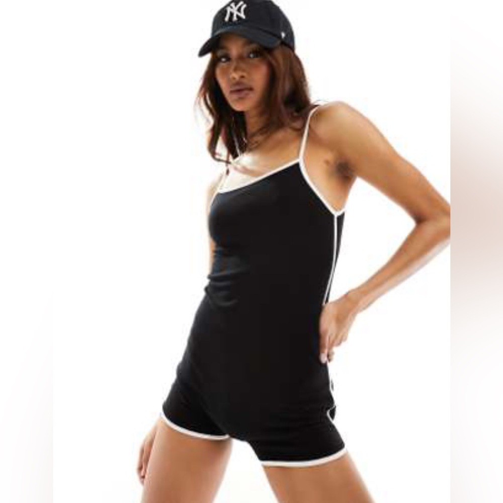 ASOS DESIGN strappy black romper with white trim